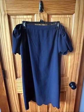 Navy Off-Shoulder Scallop Hem Dress